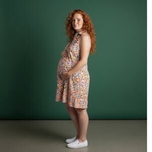 Pietro Brunelli Milano Maternity Dress XS orange blue white ditsy sleeveless